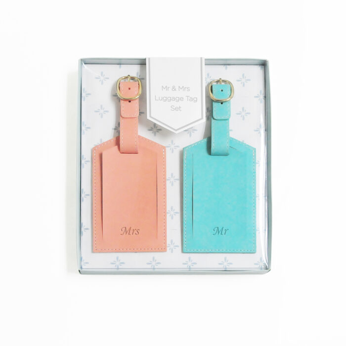 Mr & Mrs Luggage Tag Set Personalized travel accessories Couple's luggage tags Durable travel tags Charming luggage identifiers Stylish travel companions His and hers luggage tags Unique travel accessories Journey essentials Customizable luggage tags